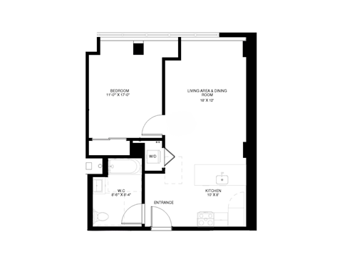 A floor plan of a house with a living area, dining room, kitchen, and bathroom.